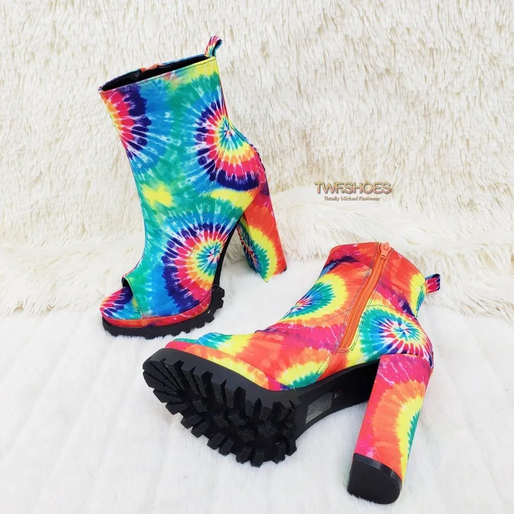 Trippin Colorful Tie Dye Open Toe Chunky Platform Heel Ankle Boots - Picture 6 of 11